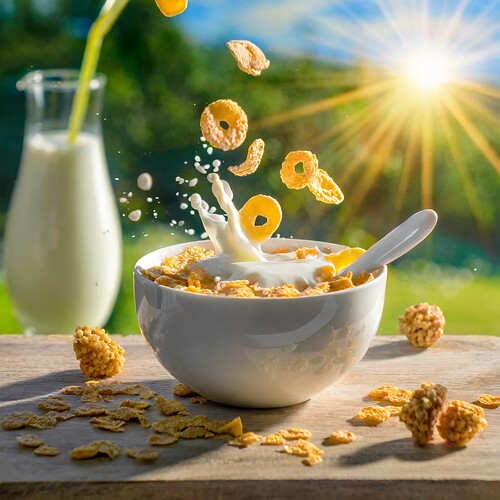 Firefly motion cereal and bowl of milk on a sunny morning 4449