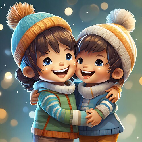 Firefly unreal engine 5 cartoon character, 2 cute toddlers laughing and hugging each other 16116