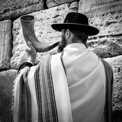 Firefly black and white Vintage photography of jewish hassidic man with tallit on head blowing shofa