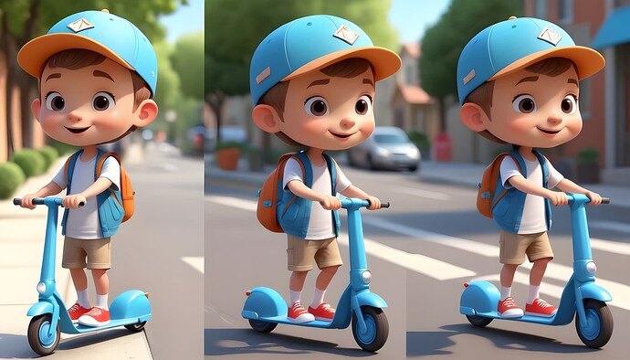 Cute-3d-cartoon-boy-with-cap-riding-a-scooter-on-a-sidewalk-on-a-summer-day-close-up-character-design--multiple-concept-designs--concept-design-sheet