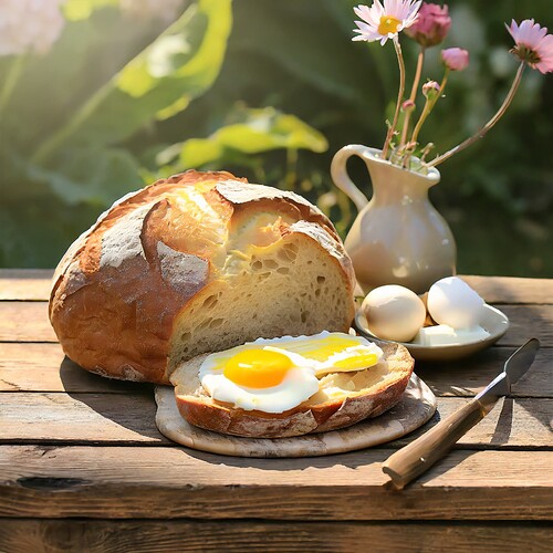 Firefly sourdough bread with butter and sunny side up eggs on wooden table outdoors 66796