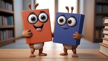 3D-hyperrealistic-unreal-engine-5-cartoon-character----anthropomorphic-figure-based-on-two-books--the-books-should-be-standing--holding-hands--book-should-have-a-frustrated-expression--the-other-book-