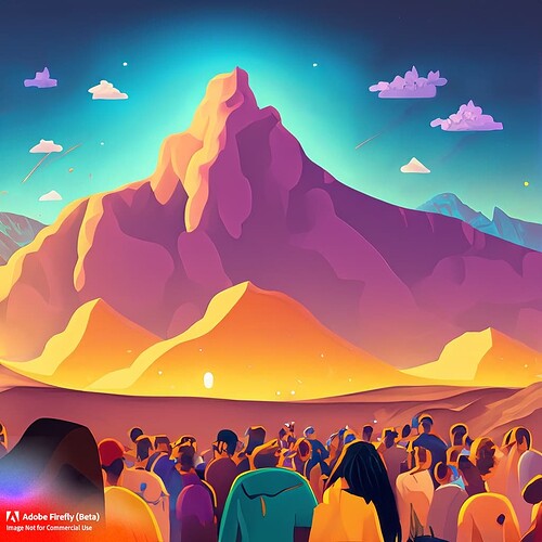 Firefly cartoon style mountain in desert large crowd of people surrounding the mountain bright lig