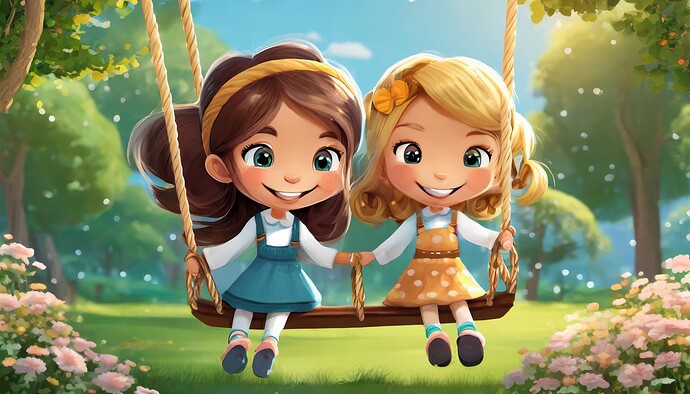 Firefly Unreal Engine 5 cartoon character Israeli matching little twin girls, blonde hair on swing i