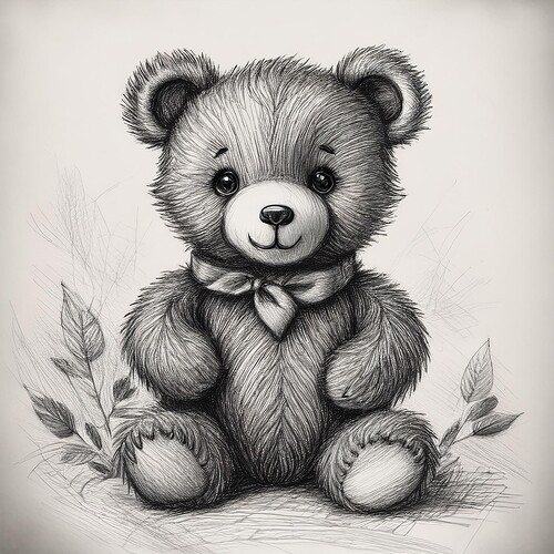 Firefly very small teddy bear, black and white, pencil sketch, drawn by charcoal colored pencils 201