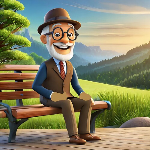 Firefly 3d cartoon old man, sitting on park bench 62417