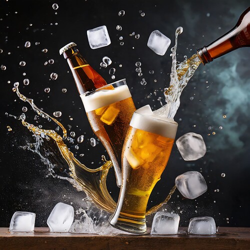 Firefly flying splashing beer glasses and bottleand ice cubes, action food photography 74993