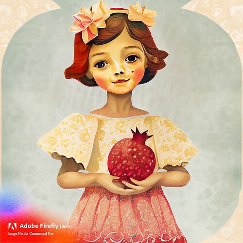 Firefly little girl with pretty dress holding pomegranate and apple 42471