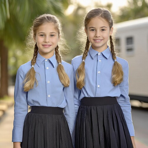 Firefly 2 forward facing smiling identical twins Israeli young girls with dirty blond hair big shiny (2)