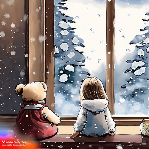 Firefly a sumi-e painting of young girl and her teddy bear watching the snowflakes falling outside t