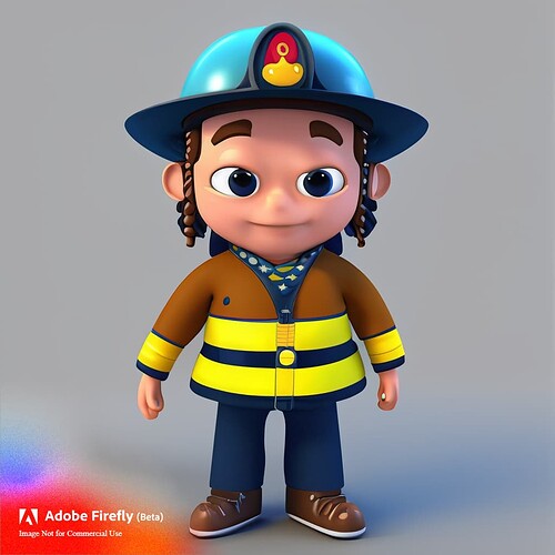 Firefly 3D cartoon style character design of a child dressed up as a fireman 27383