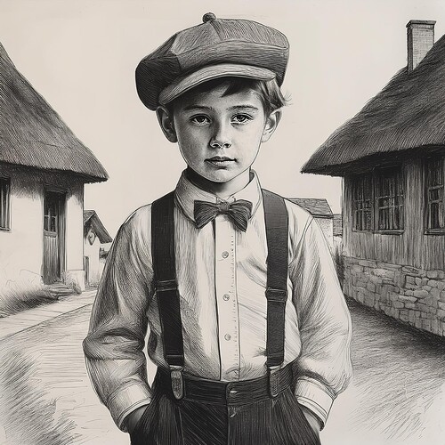 Firefly messy pencil sketch of a little boy with suspenders cap circa 1850 standing in a shtetl on p