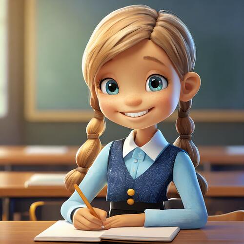 Firefly Unreal Engine 5 cartoon character cute 3d cartoon of a girl sitting in a classroom wearing a