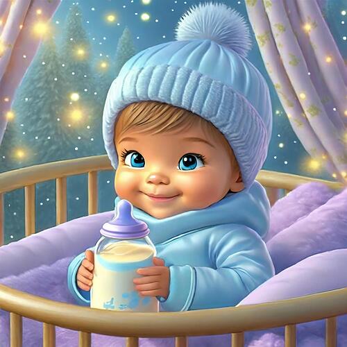 Firefly unreal engine 5 cartoon character cute baby boy holding milk baby bottle blue sleeper in cri