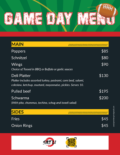 Sato Game Day Menu