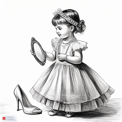 Firefly a toddler girl wearing too big high heeled shoes, with a fancy gown and pearl necklace, hold