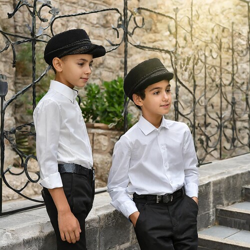 Firefly young israeli boys, sidelocks, black skull cap, white button down shirt, black pants 13130