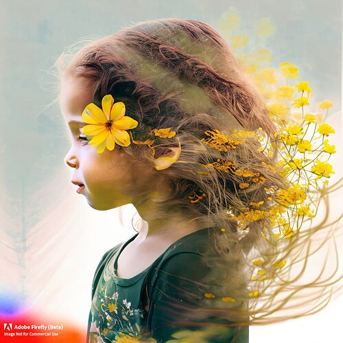 Firefly little girl with long flowing hair yellow flowers double exposure in her hair 83438