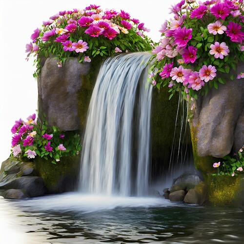 Firefly high resolution photo peacefull waterfall 3d with flowers isolated on white background 68635