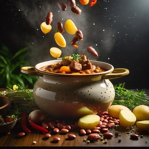 Firefly motion food photography realistic photo in action, beans meat and potato stew spilling out o