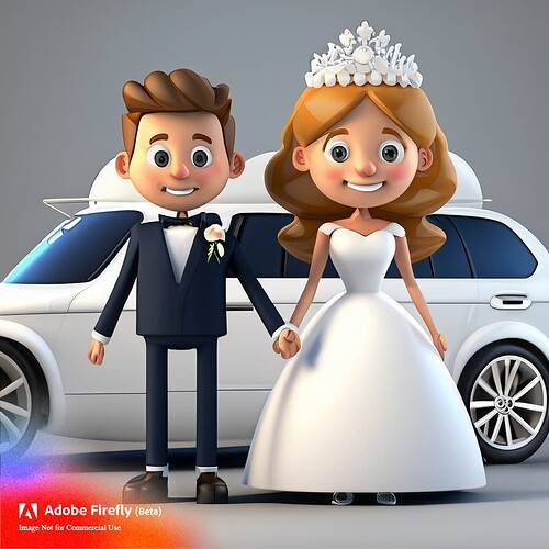 Firefly 3D cartoon style character design of bride and groom light colored skin holding hands with a