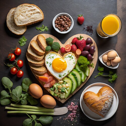 Firefly food photography of a heart shaped breakfast foods, eggs and vegetables with bread, shown fr