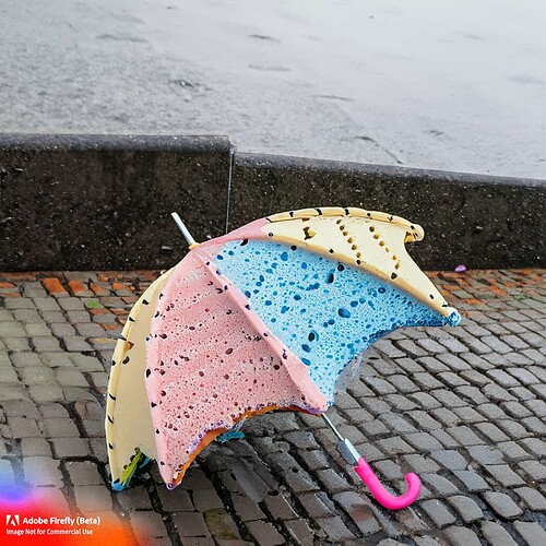 Firefly umbrella made out of small sponges lying on its side on the sidewalk outdoors in the rain c