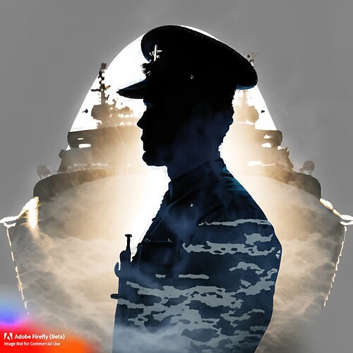 Firefly silhouette marine officer navy boat sun glare smoke double exposure isolated 40554