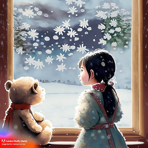 Firefly a sumie painting of young girl and her teddy bear watching the snowflakes fall outside the w