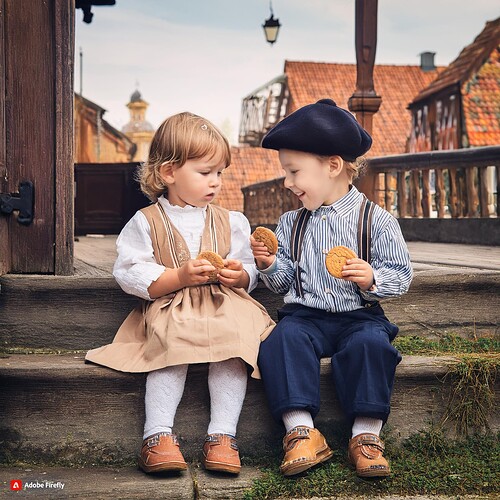 Firefly vintage photography of 2 cute jewish toddlers sitting on a stoop sharing cookies, dressed in