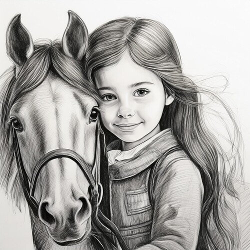 Firefly pretty little girl with long straight hair on a horse, black and white, pencil sketch, drawn