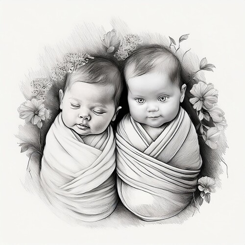 Firefly twin babies newborn photosotoshoot pencil sketch 61576