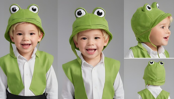 toddler-boy-dressed-up-as-a-frog-with-his-blonde-hair-sticking-out-of-a-frog-hat---character-sheet--3-different-angles