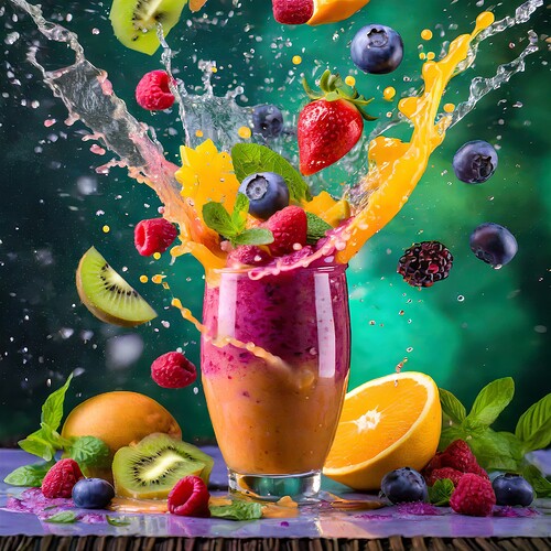 Firefly food photography with action, fruit smoothie with fruit splashing out 8594