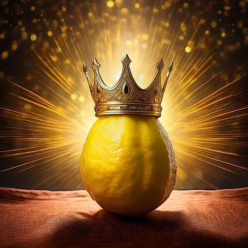 Firefly Design a regal Etrog with a crown on top with royal colors yellow. Place it on a velvet cush