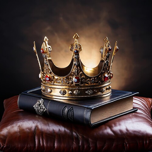 Firefly Create a royal coronation scene with a kings crown on top of a closed black leather-bound bo