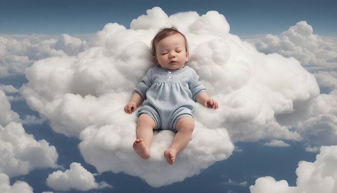 Baby-laying-down-on-a-cloud-as-if-in-the-sky--hyperrealistic--wearing-clothing--Ane-geddes-style