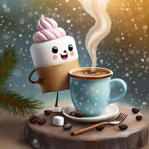 Firefly anthropomorphic marshmallow drinking a coffee 83100