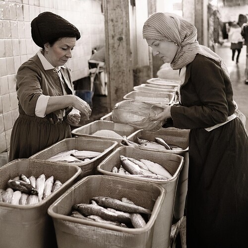 Firefly vintage photo 1905 jewish women shopping in the fish market. Women are dressed modestly and