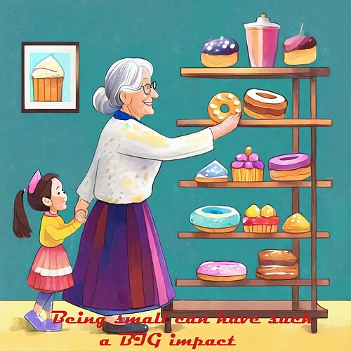 Firefly white older modest woman wearing a skirt helping a small girl reach the donuts on the higher copy