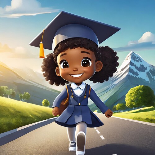 Firefly unreal engine 5 cartoon character, little girl wearing with graduation cap; walking on the r