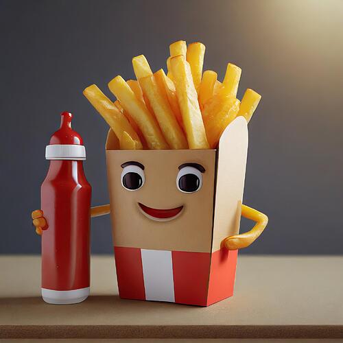 Firefly hi res photo realistic Pixar-style anthropomorphic figure based on a box of french fries, bo