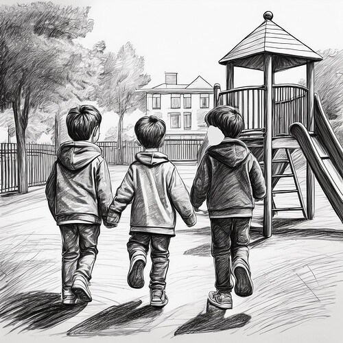 Firefly two boys in the playground, black and white; pencil sketch drawn by charcoal colored pencils