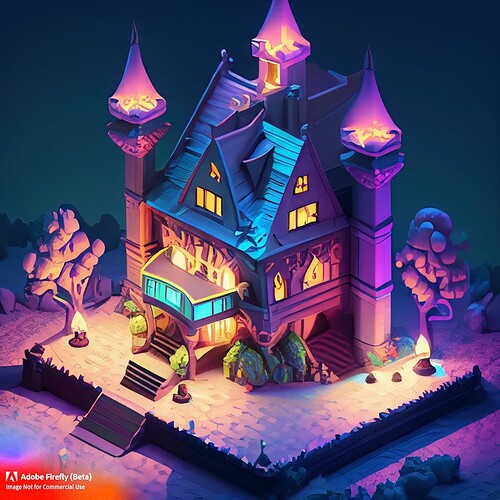 Firefly isometric art glow in the dark fairytale mansion at night 72510