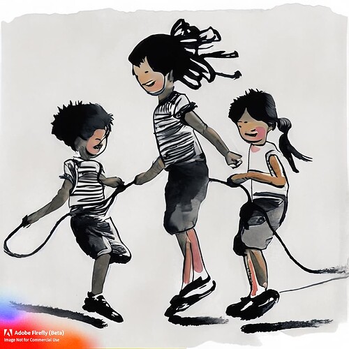 Firefly Sumi-e painting of kids playing jump rope 85079