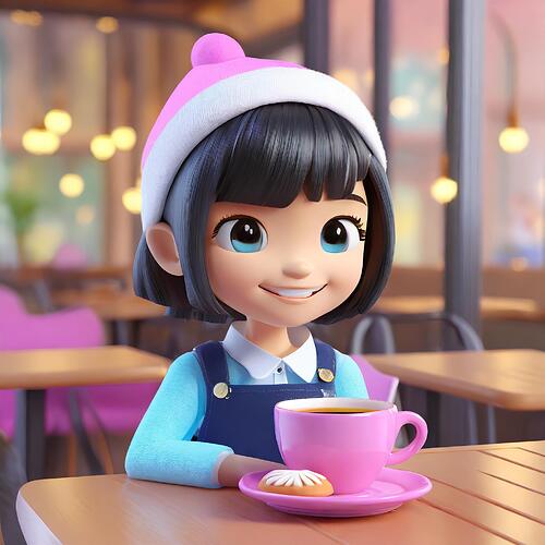 Firefly Unreal Engine 5 cartoon character, cute girl sitting in a cafe drinking steaming coffee from