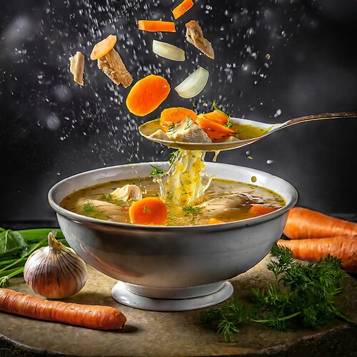 Firefly bowl of chicken soup with carrots and onions floating in the soup, soup splashing out of the
