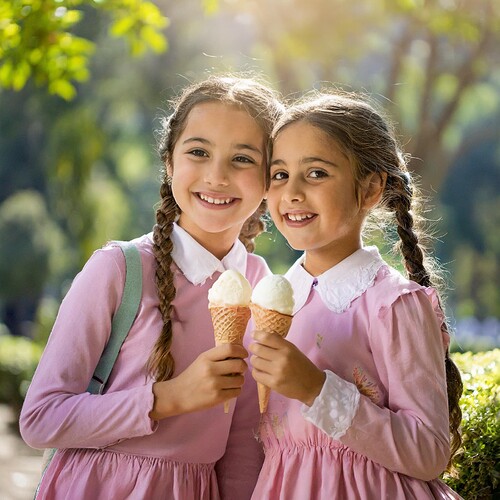 Firefly two young israeli girls, smiling, blond hair pulled back in braids, wearing long sleeve pink