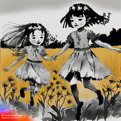 Firefly a sumi-e painting of 2 girl friends skipping in a field of flowers 28581