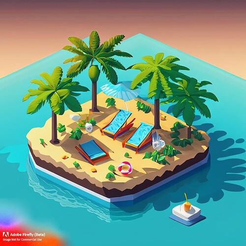 Firefly Isometric island with beach chairs palm trees and lemonade 74757